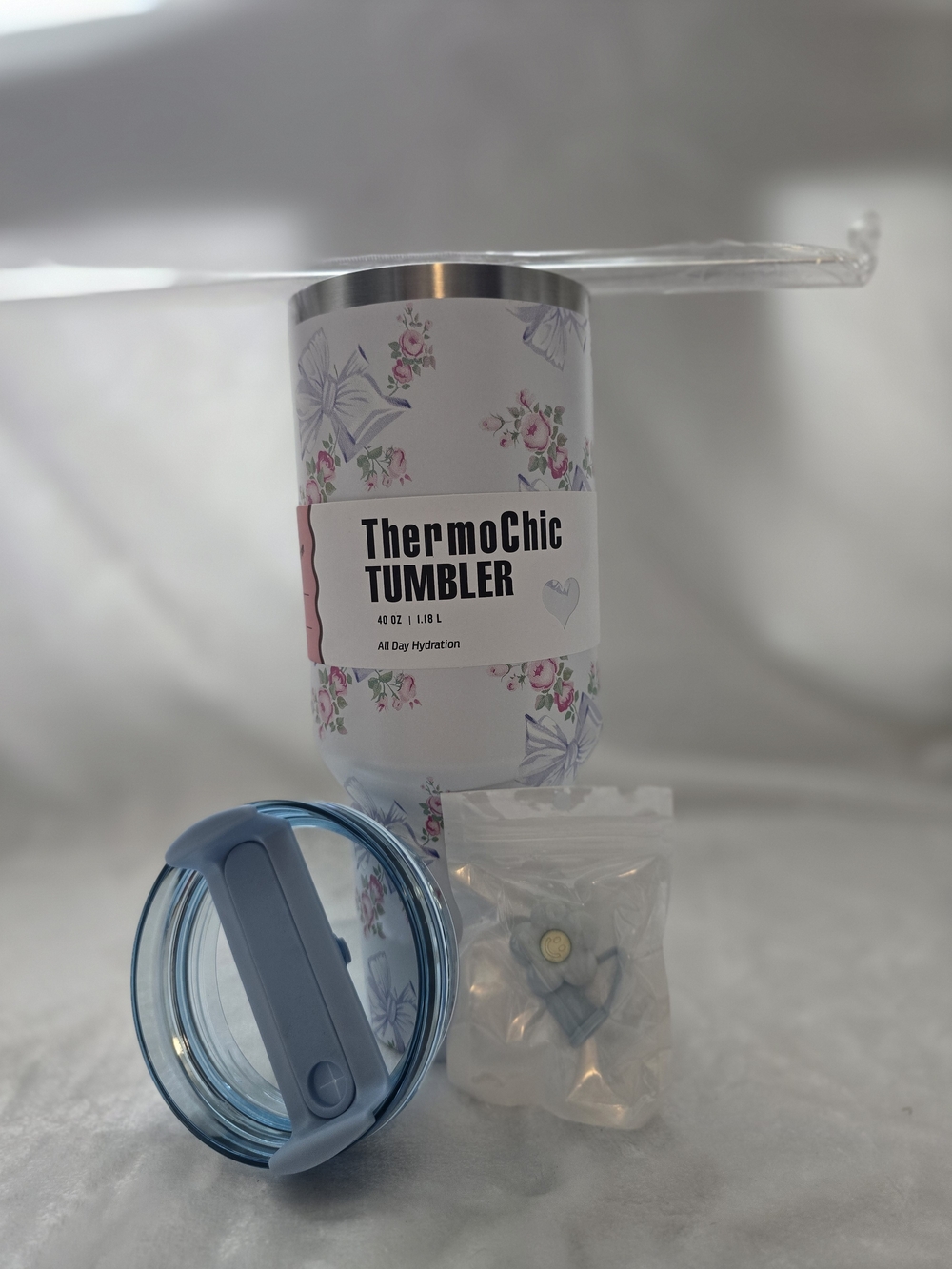 ThermoChic Floral Stainless Steel Tumbler - Light Blue Lid